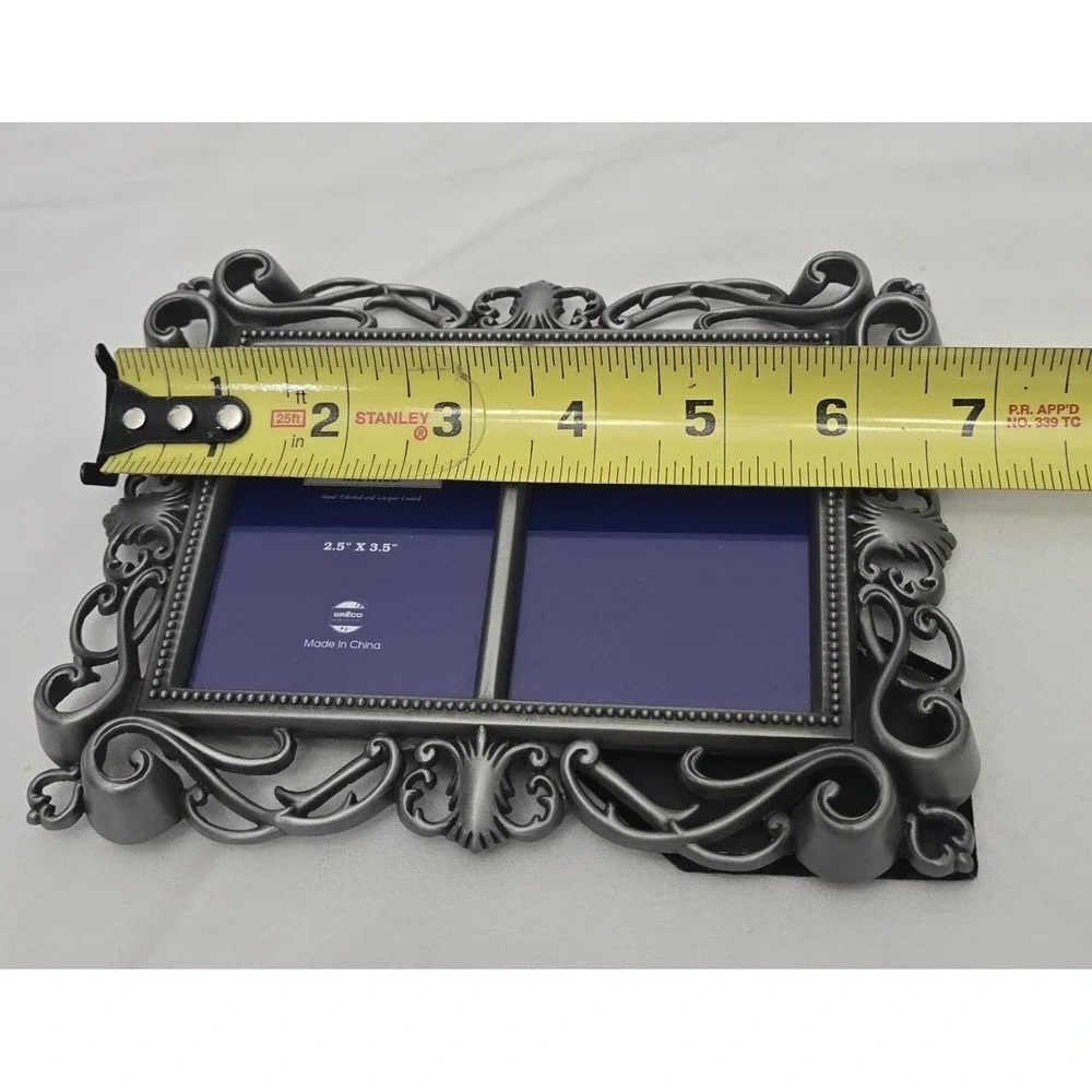 Orna Metals Antique-Style Ornate Pewter Double Photo Frame Scrollwork Design